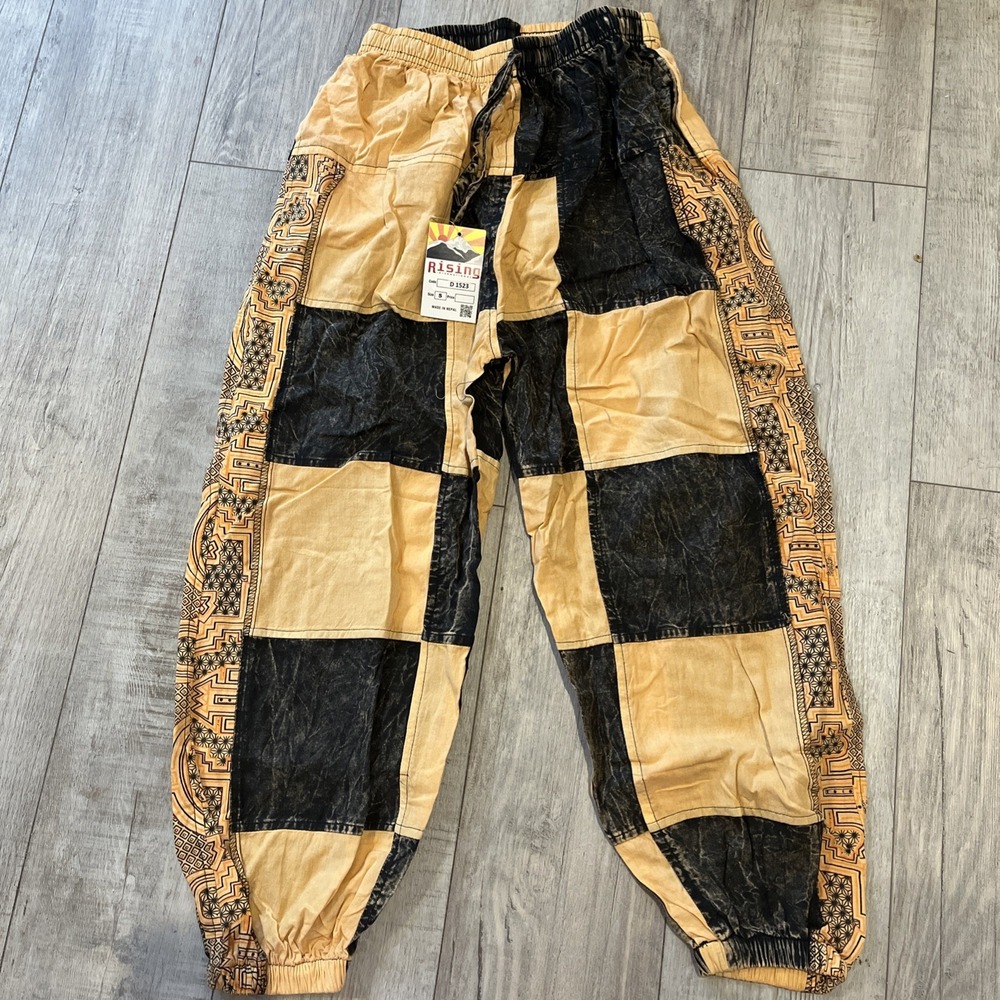 RISING INTL. HANDMADE ARTISAN PATCHWORK NEPAL JOGGERS EARTHY BOHO HIPPIE NEW SzS